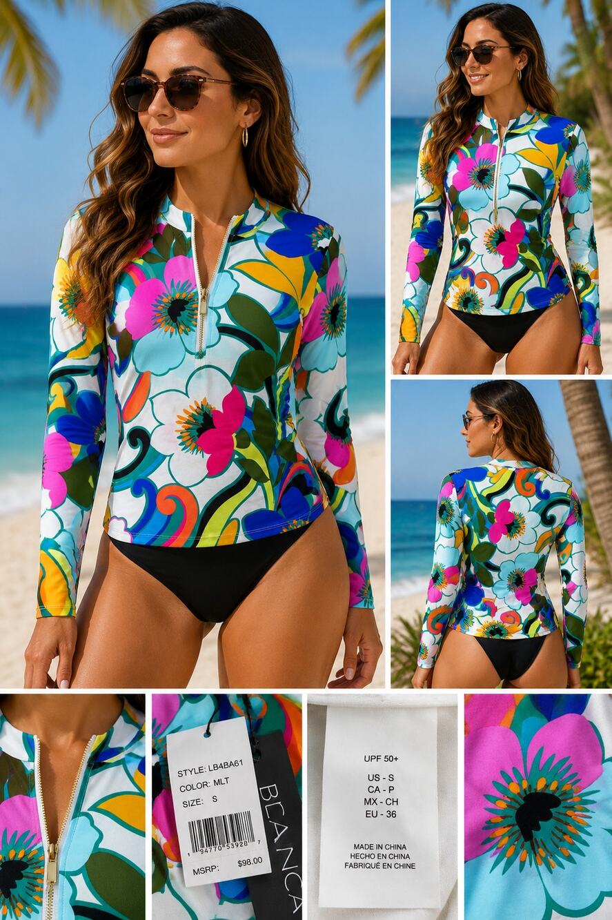 La Blanca Floral Rash Guard Swim Top UPF 50+ Quarter Zip Long Sleeve Size S NWT